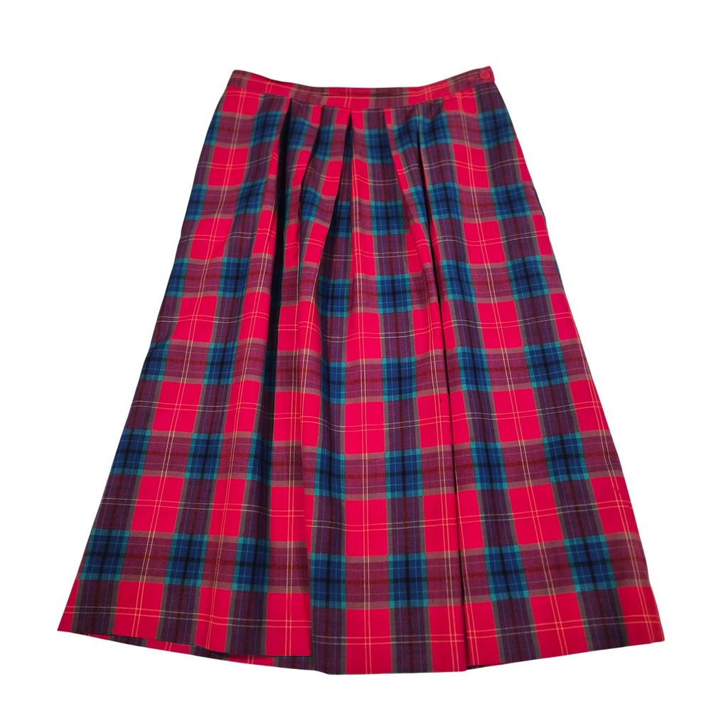 Vintage Pendleton Wool Plaid Pleated Midi Skirt Red Blue Green Pockets Size 12